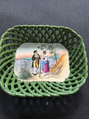 Hand-Painted Green Ceramic Decorative Basket with Pastoral Scene hand painted
